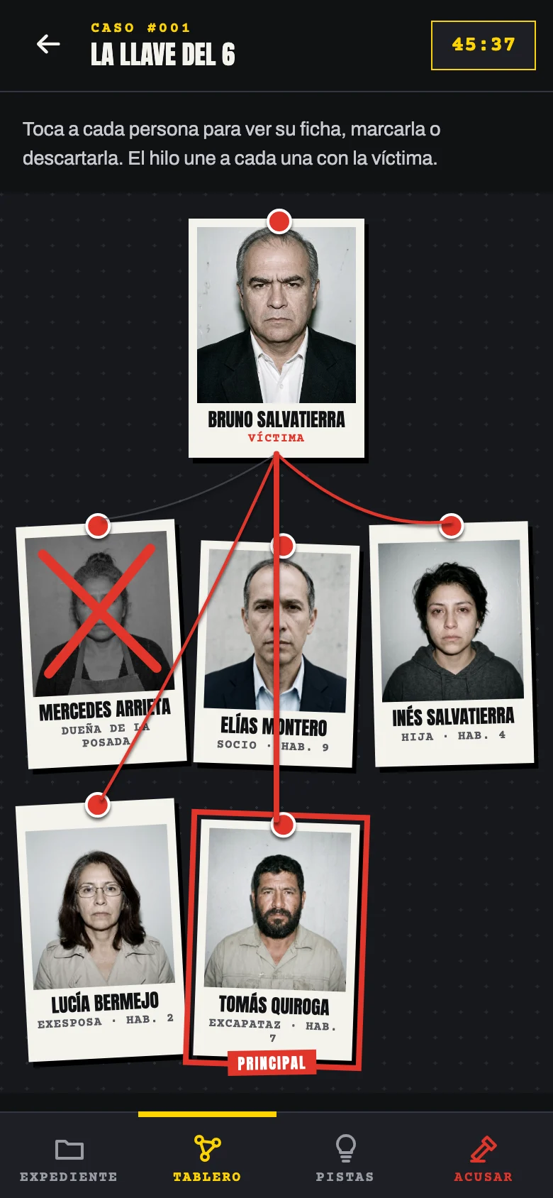 La app: el tablero de sospechosos con fotos e hilo rojo