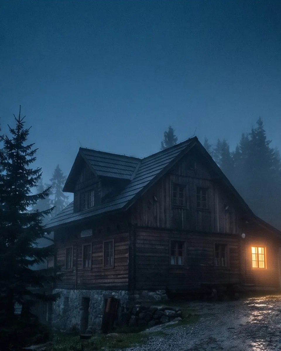 Una posada de madera en la sierra, de noche, con una sola ventana encendida