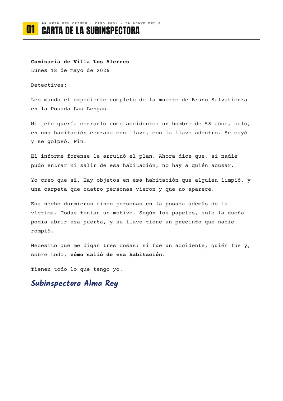 Una página del expediente del Caso #001, lista para imprimir