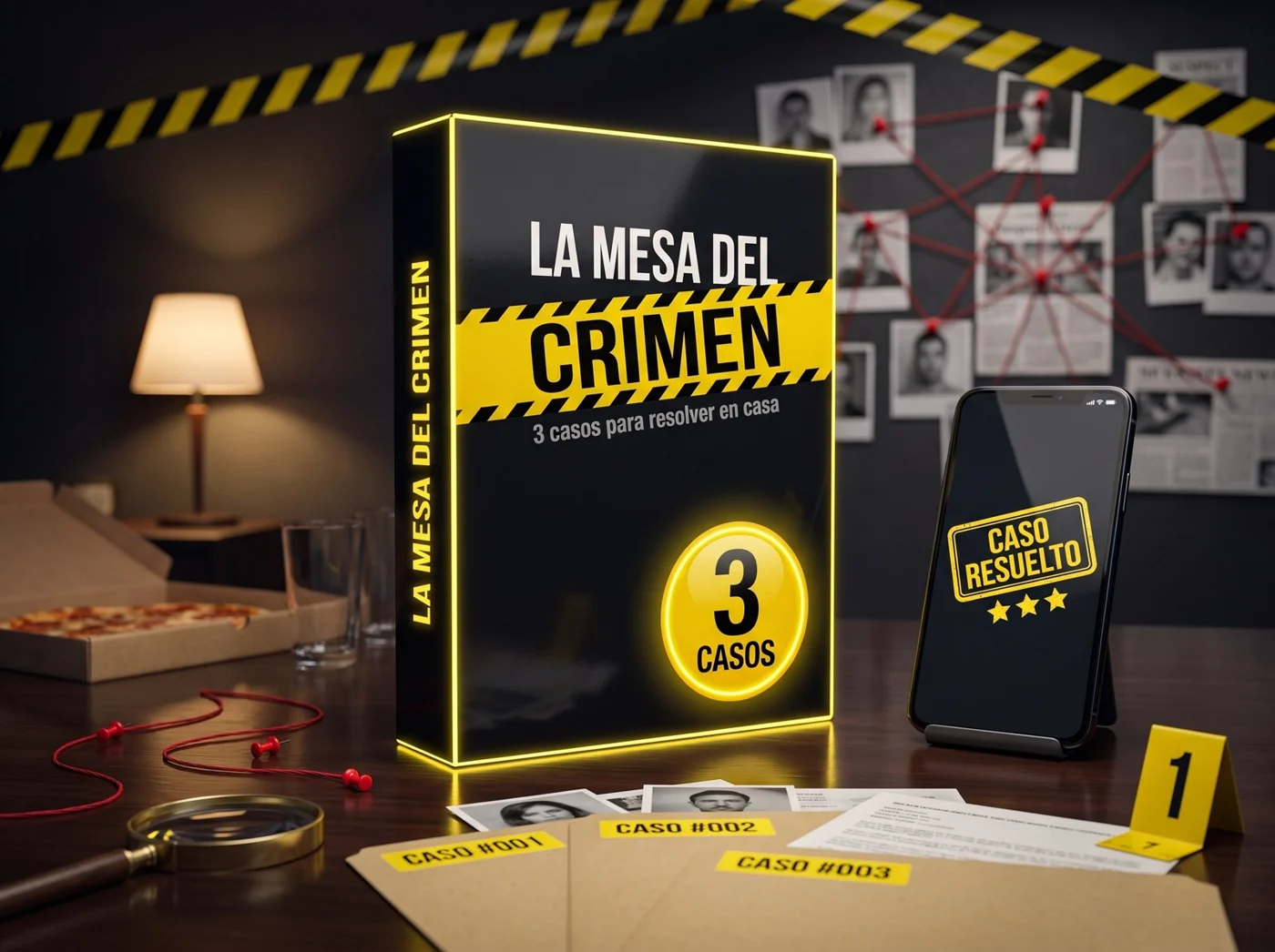 El pack de La Mesa del Crimen: los tres expedientes impresos y un celular con la app